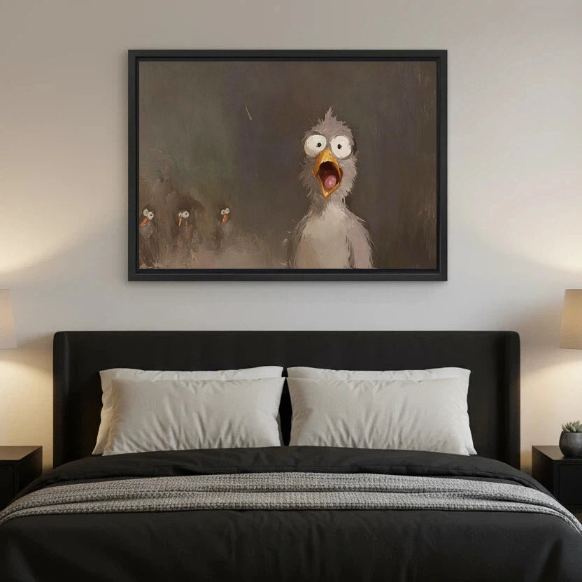 Shocked seagull funny bird oil painting framed canvas print hung above dark bed in modern bedroom