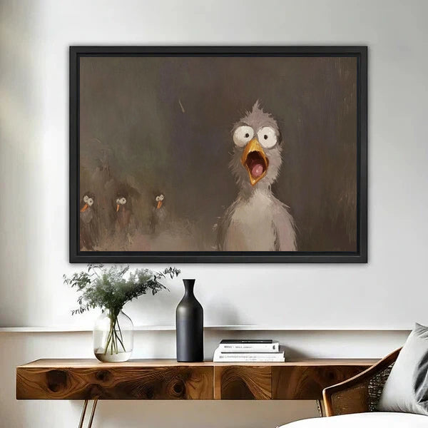 Shocked seagull funny bird oil painting framed canvas wall art displayed above black console table in bright entryway