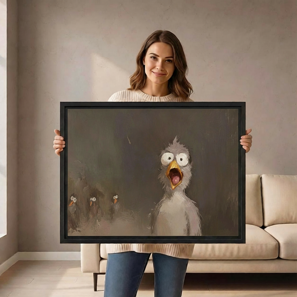 Woman holding shocked seagull funny bird oil painting framed canvas wall art size reference display