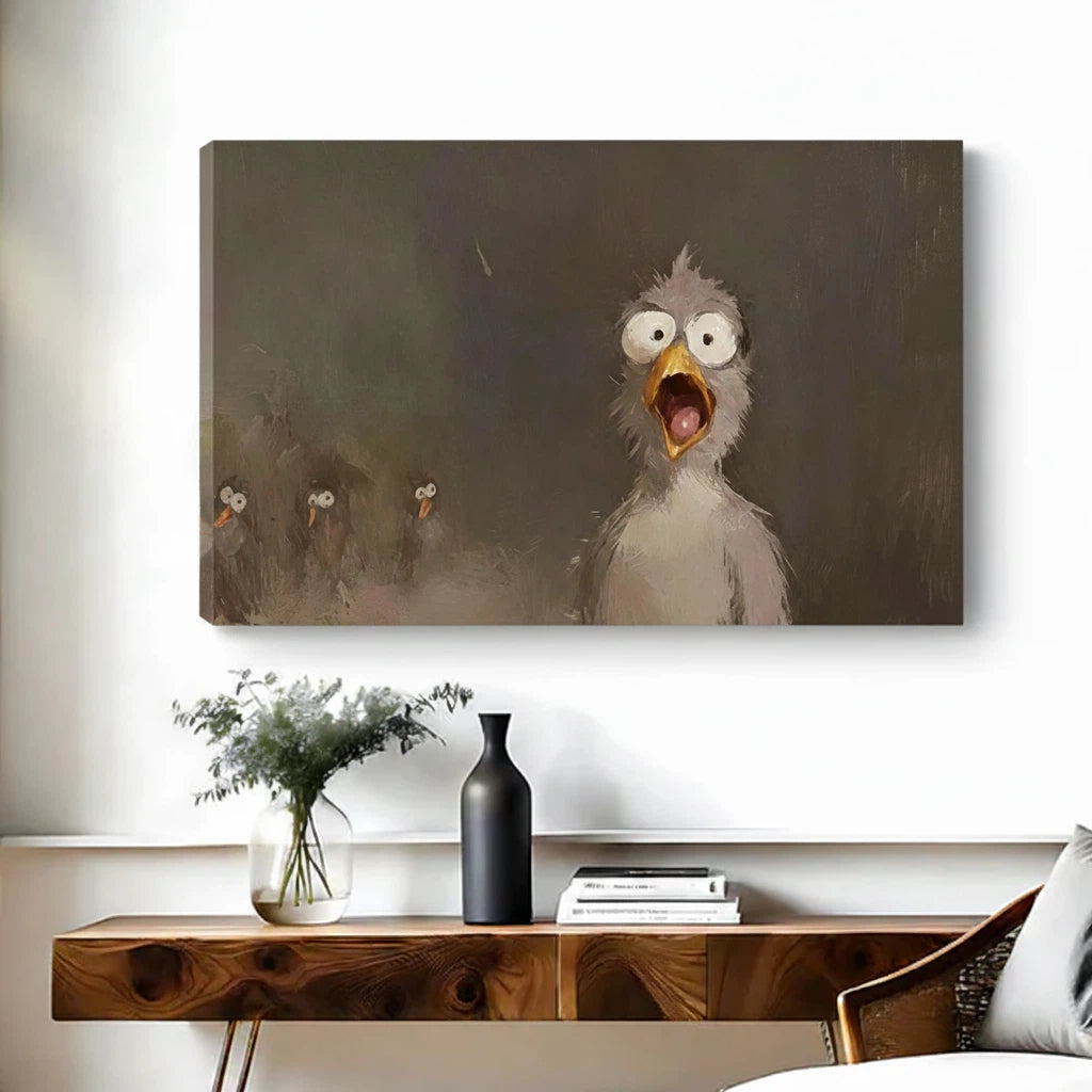Shocked seagull funny bird oil painting gallery wrap canvas print displayed above wooden console table in modern entryway