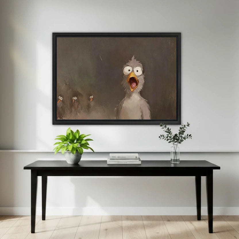 Shocked seagull with wide eyes and open beak oil painting style canvas wall art close-up detail