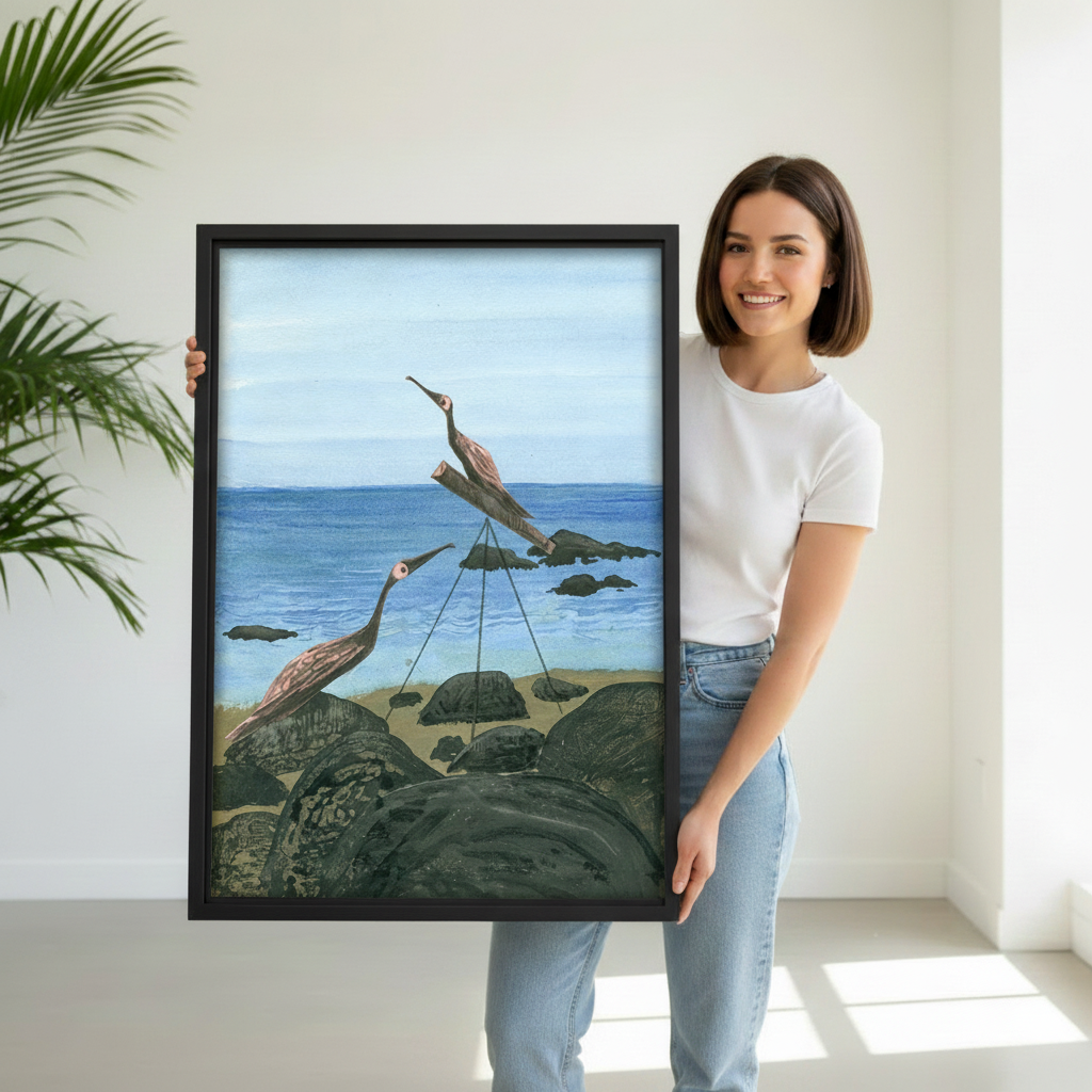 Woman holding large black framed coastal heron birds oil painting canvas print showing full artwork size reference