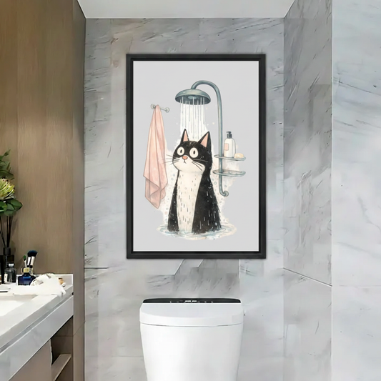Shower Cat - Framed Canvas Bathroom