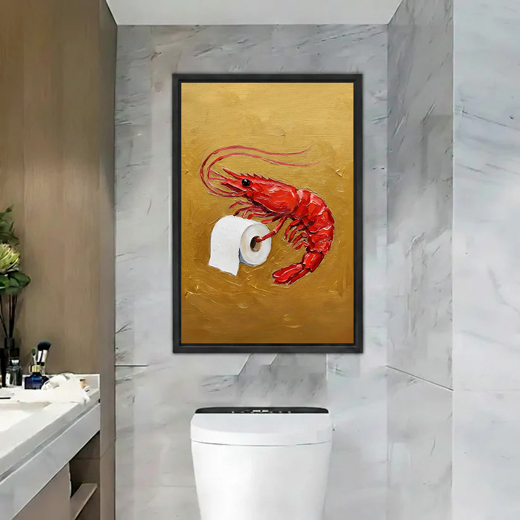 Framed shrimp toilet paper canvas wall art with a golden background above a colorful patchwork sofa beside plants.
