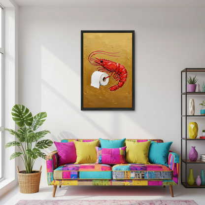 Whimsical shrimp toilet paper canvas wall art without an outer frame above a toilet against gray marble walls.
