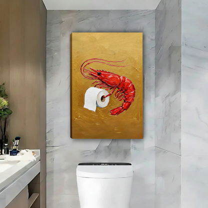 Two women beside framed shrimp toilet paper canvas wall art above a toilet in a pink bathroom.