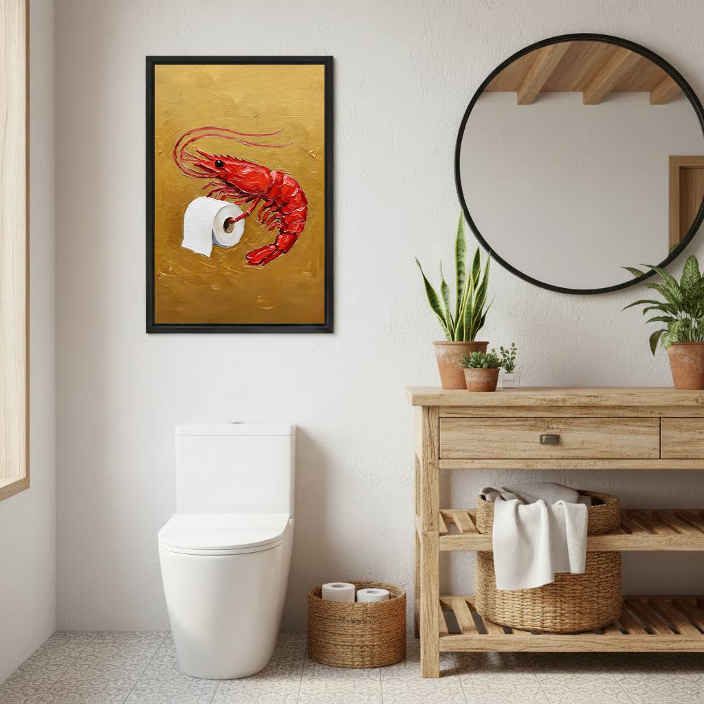 Framed shrimp toilet paper canvas wall art featuring a red shrimp above a toilet against gray marble walls.
