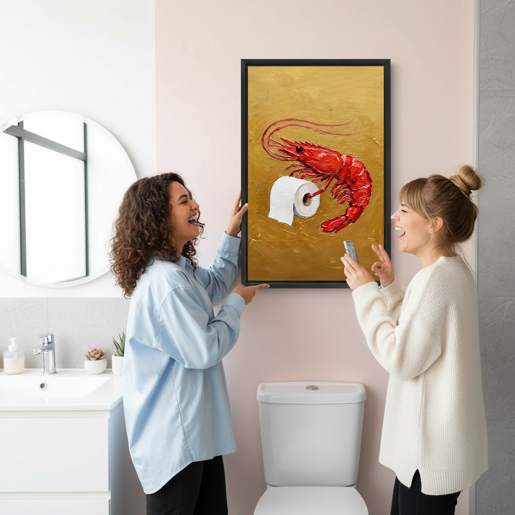 Shrimp toilet paper canvas wall art in a black frame beside a round mirror and rustic wooden vanity.