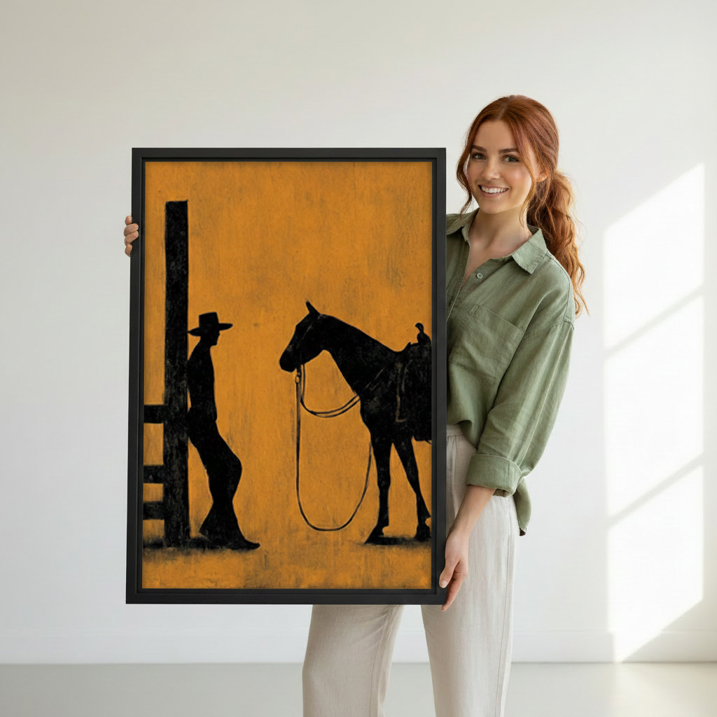 Smiling woman holding large silhouette cowboy and horse western framed canvas print for size reference in bright white studio