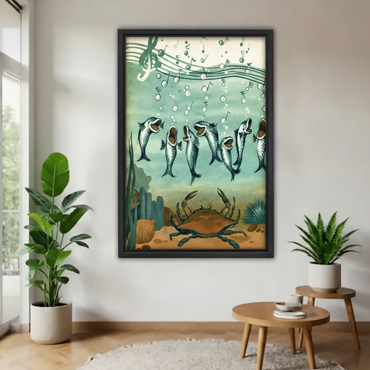 Singing fish and crab underwater wall art in black frame on white wall flanked by large green indoor plants