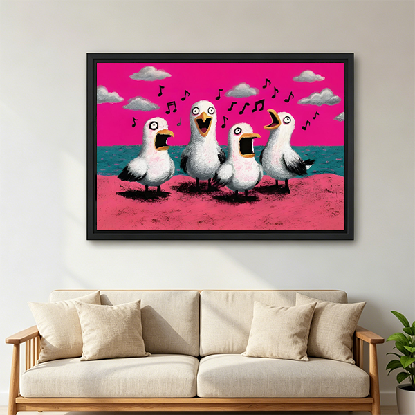 Woman holding framed singing seagulls canvas wall art featuring four open-beaked birds beneath floating musical notes.