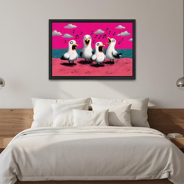 Black-framed singing seagulls canvas wall art with a bright pink sky displayed above a bed with white bedding.