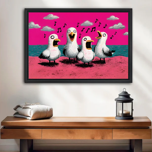 Gallery-wrap singing seagulls canvas wall art with four birds and a hot pink sky above a wooden console.