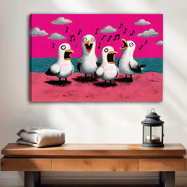 Black-framed singing seagulls canvas wall art featuring musical notes and a teal sea above a console with a lantern.