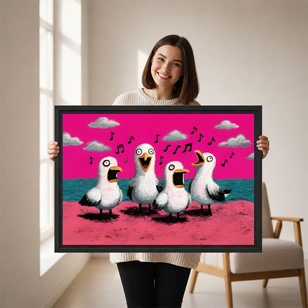 Framed singing seagulls canvas wall art with four expressive birds and a pink shoreline hanging above a cream sofa.