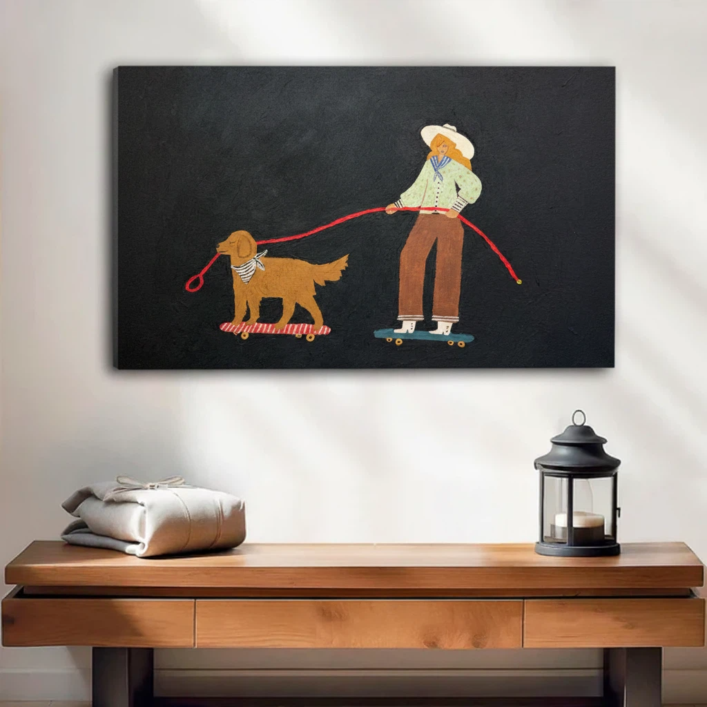 Frameless canvas wrap of skateboard girl and golden retriever art on console table, gallery wrap dark background wall decor