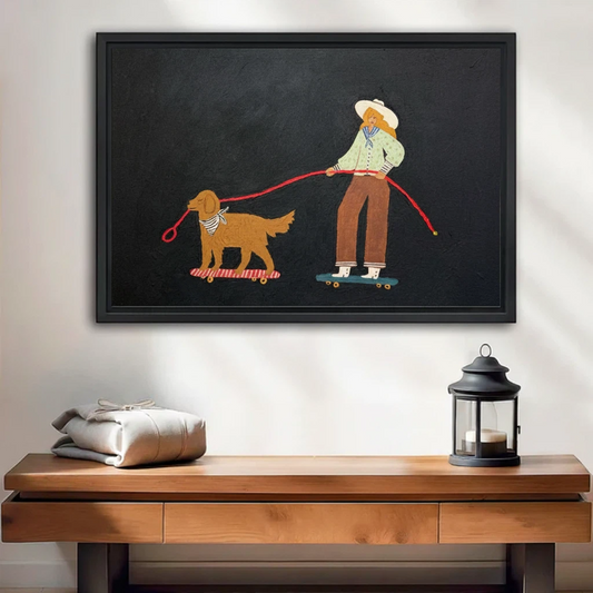 Skateboard girl dog whimsical framed wall art print on console table with lantern, eclectic black background home decor
