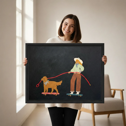 Woman holding large skateboard girl golden retriever framed canvas print, whimsical dog wall art gift for dog lovers