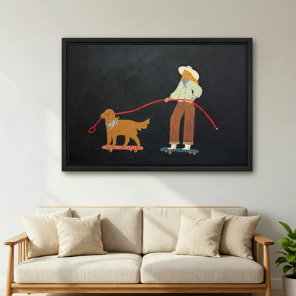 Skateboard girl and dog wall art in black frame above beige sofa, whimsical dark art print for living room decor