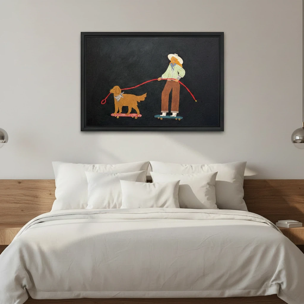 Skateboard girl and golden retriever whimsical wall art print in black frame above modern bedroom, bold dark background decor