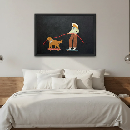 Skateboard girl and golden retriever whimsical wall art print in black frame above modern bedroom, bold dark background decor