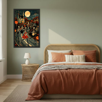 Framed Halloween skeleton band canvas wall art in a sage green bedroom