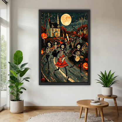 Black-framed Halloween skeleton band canvas wall art on a white wall beside plants