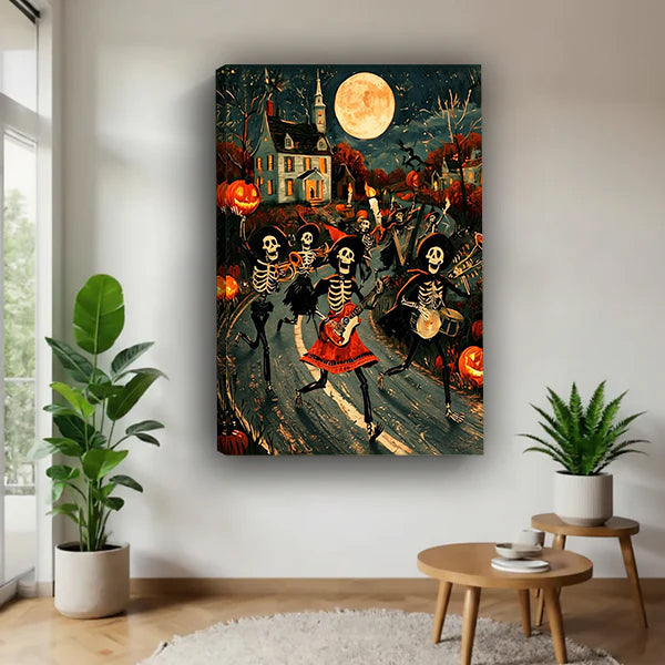 Gallery-wrap Halloween skeleton band canvas wall art in a bright corner beside plants