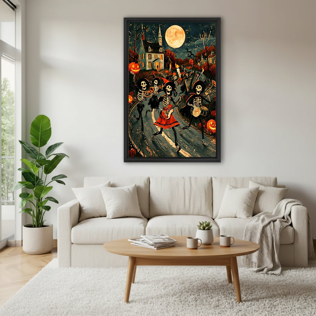 Halloween skeleton band canvas wall art above a cream living room sofa