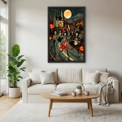Halloween skeleton band canvas wall art above a cream living room sofa