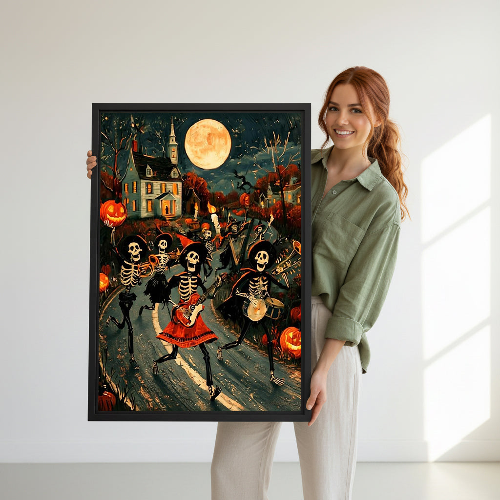 Model holding framed Halloween skeleton band canvas wall art for size reference