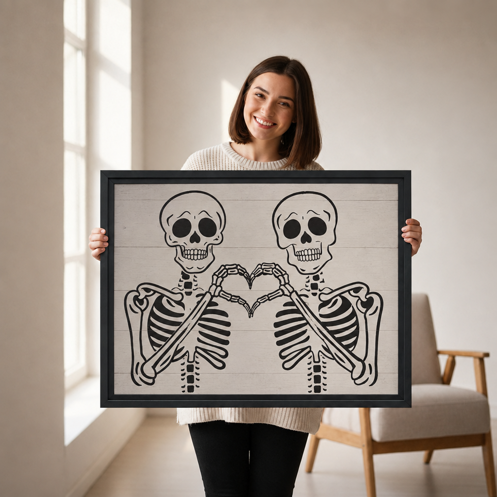 Woman holding horizontal framed canvas of two smiling skeletons making a heart shape with their bone hands on a shiplap wood texture background