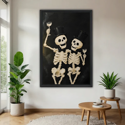 Framed skeleton toast canvas wall art with two top-hatted skeletons beside a rattan bed with terracotta bedding.
