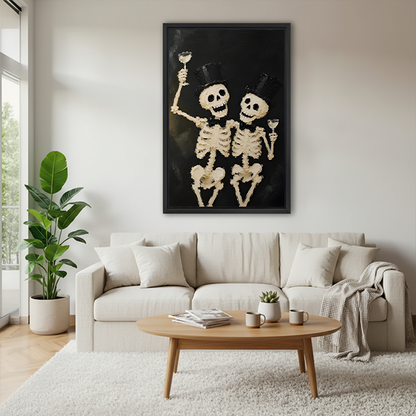 Framed skeleton toast canvas wall art with a dark background displayed above a cream sofa in a bright living room.