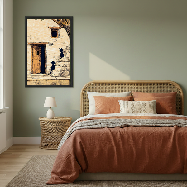 Sketch black cats stone cottage framed canvas art on sage green bedroom wall above rattan headboard with terracotta bedding
