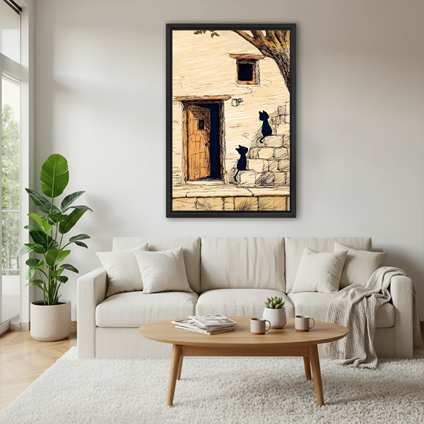 Sketch black cats stone cottage framed wall art hanging above cream sofa in Scandinavian style living room