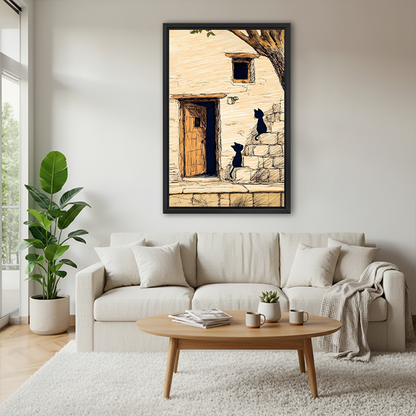 Sketch black cats stone cottage framed wall art hanging above cream sofa in Scandinavian style living room