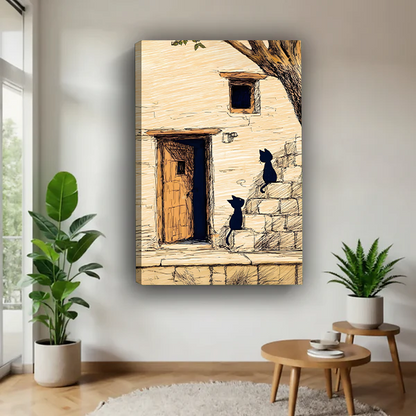 Sketch black cats stone cottage canvas print without frame floating on white wall in modern living room
