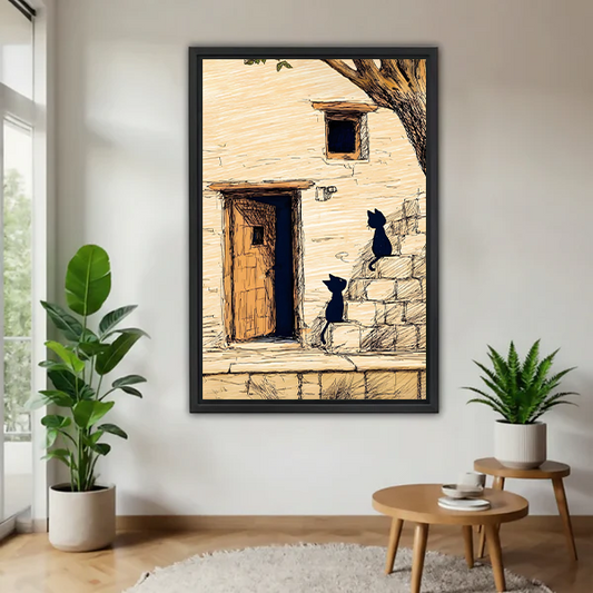 Sketch black cats stone cottage framed canvas wall art with black frame displayed in bright living room with plants