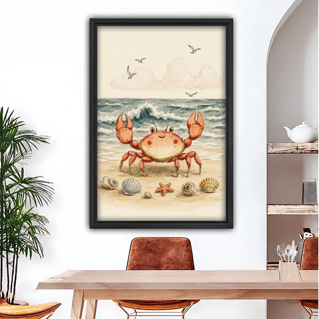 Black-framed smiling crab beach canvas wall art above a wooden dining table
