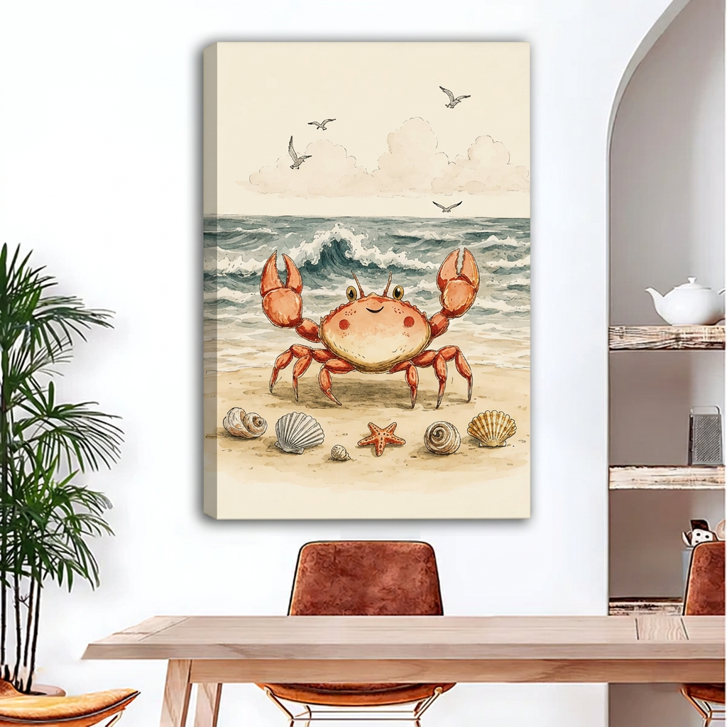 Gallery-wrap smiling crab beach canvas wall art with visible left-edge depth above a dining table