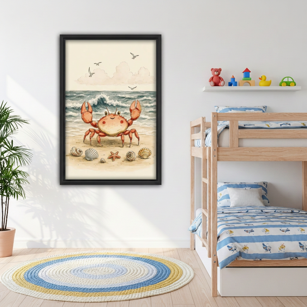 Smiling crab beach canvas wall art beside wooden bunk beds in a kids’room
