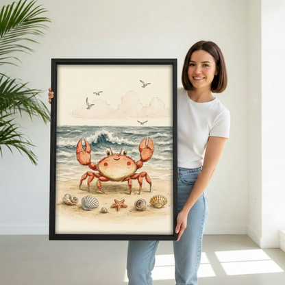 Model holding framed smiling crab beach canvas wall art for size reference