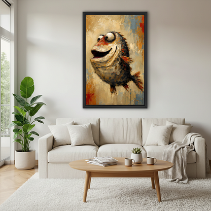 Framed smiling fish canvas wall art with a wide grin and warm neutral tones hanging above a cream sofa.