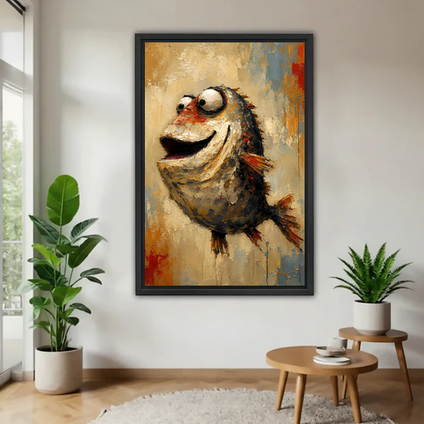 Smiling fish canvas wall art in a black frame beside a rattan bed with terracotta bedding.