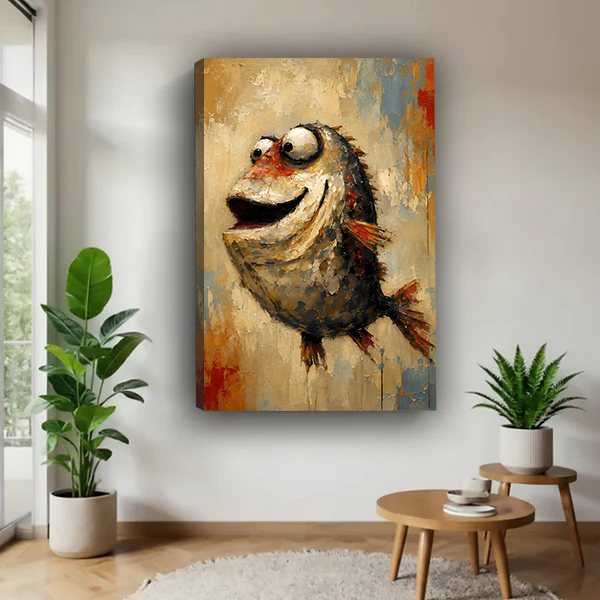 Gallery-wrap smiling fish canvas wall art featuring oversized eyes and orange fins displayed between green houseplants.