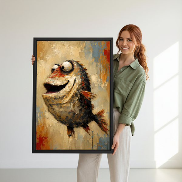 Framed whimsical smiling fish canvas wall art with expressive brushwork and a cream background displayed between houseplants.