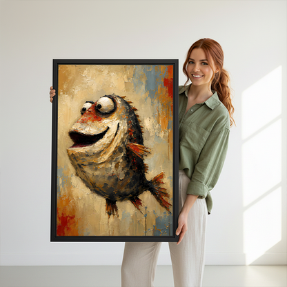Framed whimsical smiling fish canvas wall art with expressive brushwork and a cream background displayed between houseplants.