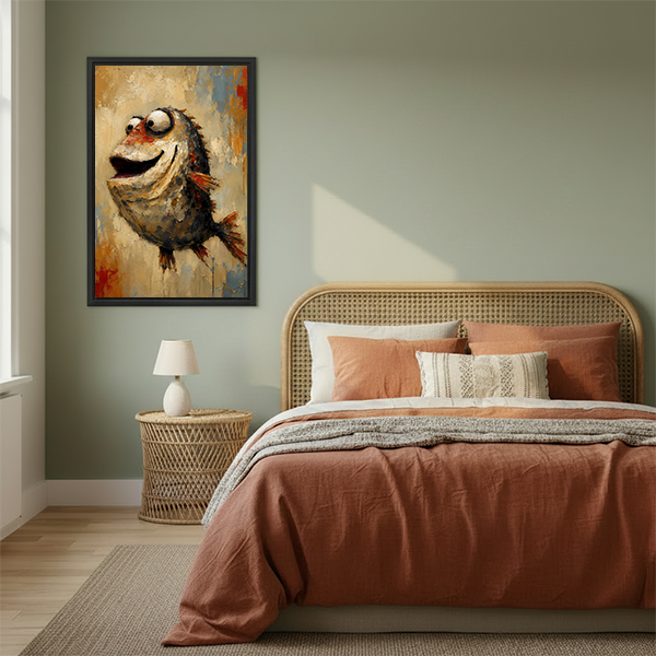 Woman holding framed smiling fish canvas wall art featuring a rounded dark body, oversized eyes, and orange-red fins.