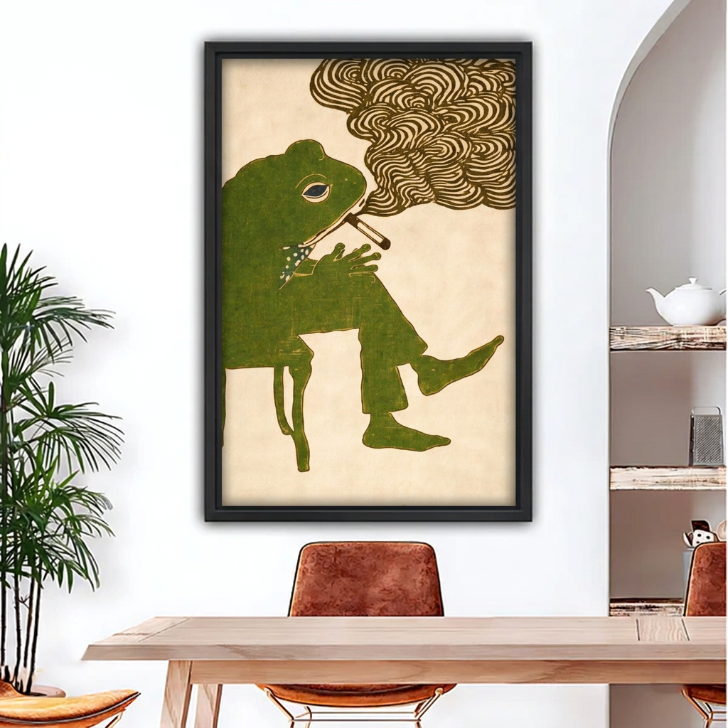 Black-framed smoking frog canvas wall art above a wooden dining table